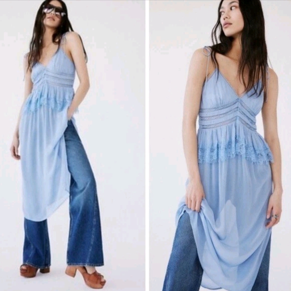 Free People Kiki Slip Sheer Ruffed Lace Trim Slip Dress boho fairy sz XS